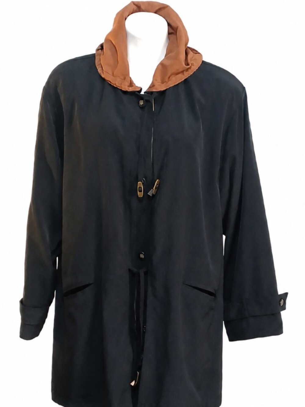 Medium Women's Black Hooded Rain Jacket Front Drawstring Travel Coat. Game Day